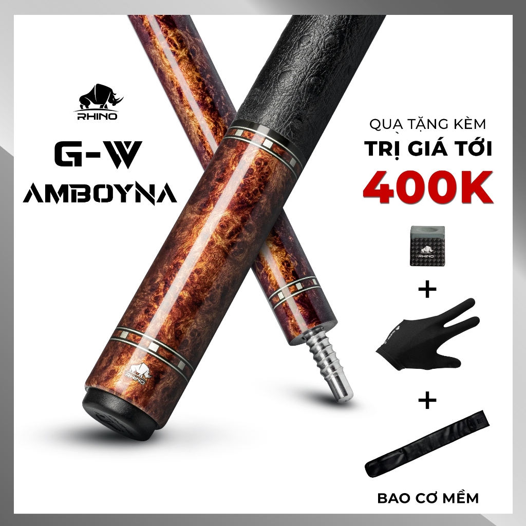 Ảnh Gậy Bida Lỗ Rhino G-W Amboyna - Ngọn Glassfiber - Chính Hãng - Tặng kèm combo phụ kiện 1