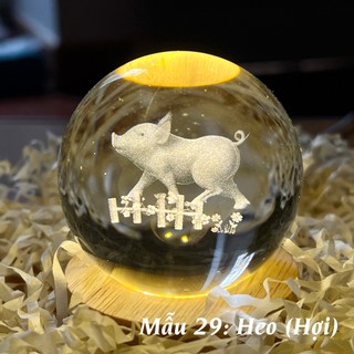 BỘ QUẢ CẦU PHA LÊ 3D Đường kính 8cm + ĐẾ GỖ ĐÈN LED MỘT MÀU VÀNG ẤM MƯỜI HAI Con Giáp Tí, Sửu, Dần, Mão, Thìn, Tị, N