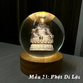 Qủa Cầu pha lê Phật 3D size 8cm Đế gỗ đèn led màu vàng Phòng ngủ Quà tặng Đồ trang trí
