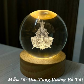 Qủa Cầu pha lê Phật 3D size 8cm Đế gỗ đèn led màu vàng Phòng ngủ Quà tặng Đồ trang trí
