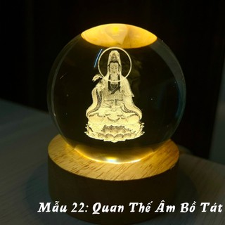 Qủa Cầu pha lê Phật 3D size 8cm Đế gỗ đèn led màu vàng Phòng ngủ Quà tặng Đồ trang trí