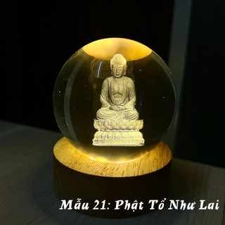 Qủa Cầu pha lê Phật 3D size 8cm Đế gỗ đèn led màu vàng Phòng ngủ Quà tặng Đồ trang trí