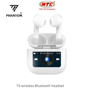 Tai nghe Bluetooth TWS PHANTOM T5 V5.4, pin 5H, chống ồn ANC, màn hình LCD điều khiển (Trắng) - Nhất Tín Computer
