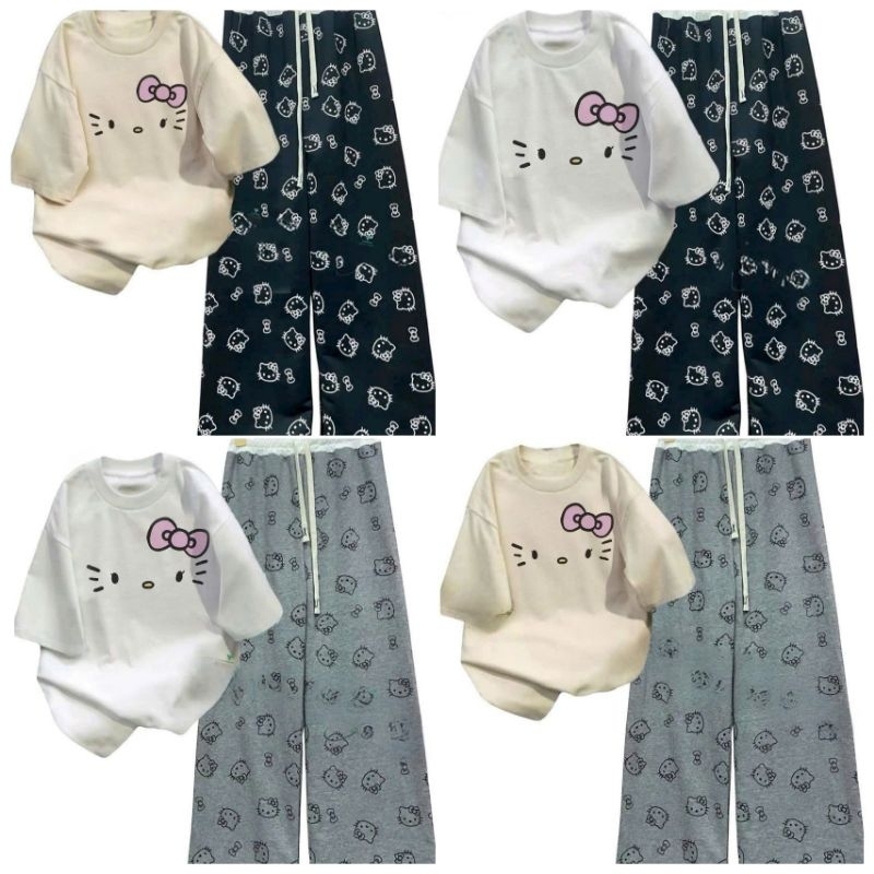 Sét Bộ Quần Ống Suông Họa Tiết Mèo + mix áo phông form rộng - Hình mèo ĐƠN GIẢN
