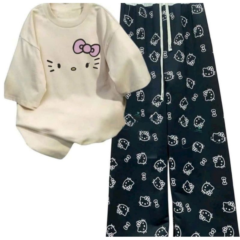 Sét Bộ Quần Ống Suông Họa Tiết Mèo + mix áo phông form rộng - Hình mèo ĐƠN GIẢN