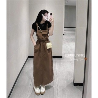 Set yếm Nữ mặc đi chơi dễ thương áo thun tăm tay ngắn cổ tròn yếm rút dây eo thời trang có túi chất tuyết mưa mịn mát