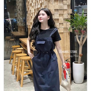 Set yếm Nữ mặc đi chơi dễ thương áo thun tăm tay ngắn cổ tròn yếm rút dây eo thời trang có túi chất tuyết mưa mịn mát