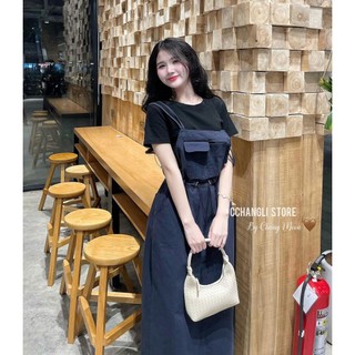 Set yếm Nữ mặc đi chơi dễ thương áo thun tăm tay ngắn cổ tròn yếm rút dây eo thời trang có túi chất tuyết mưa mịn mát