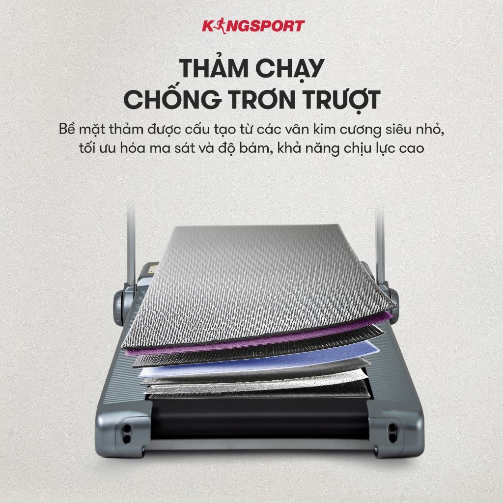 Máy chạy bộ KINGSPORT Gen 02 nhỏ gọn, tốc độ tối đa 8km/h, khung sườn chắc chắn, độ dốc 3 cấp độ