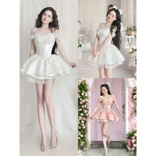 Đầm thiết kế váy xòe dáng ngắn chất tapta phối phi và ren cao cấp trễ vai cúp ngực gợi cảm kết hợp đan dây chéo eo