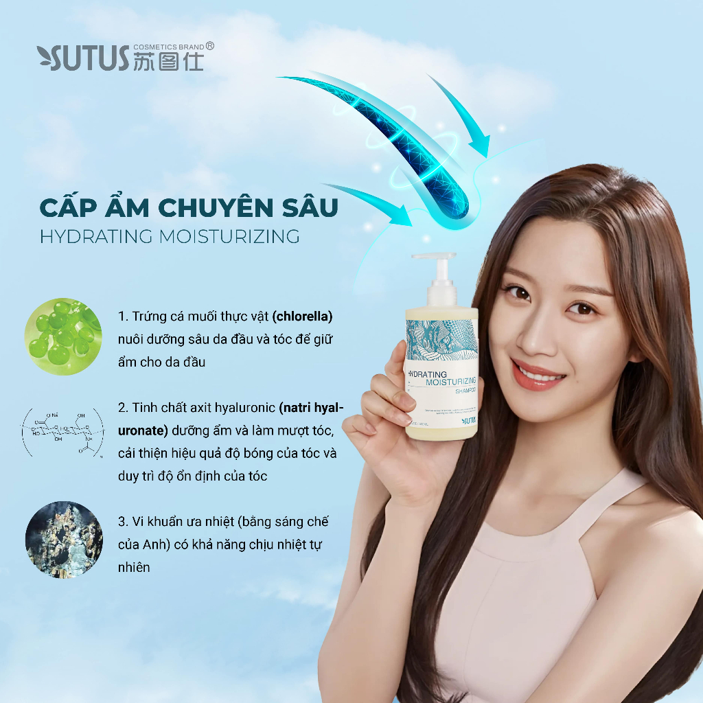 Dầu gội chăm sóc tóc khô xơ, tóc tẩy- mềm mượt và chắc khỏe - Sutus Hydrating & Moisturizing Shampoo