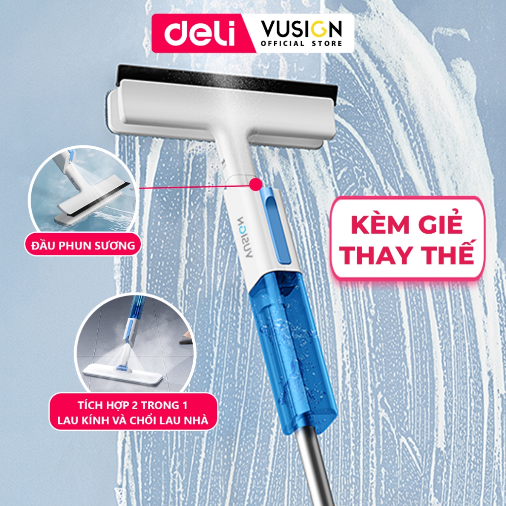[TẶNG KÈM GIẺ LAU] Cây Lau Kính Thông Minh Deli - Phun Sương, Gạt Nước Cán Dài 126Cm, Xịt Nước Tiện Lợi, Đầu Xoay 90 Độ