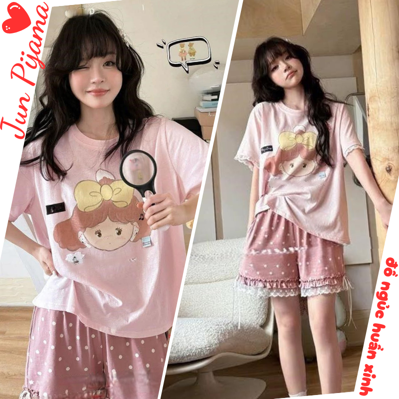 Bộ pijama nữ mặc nhà dễ thương màu hường, bộ ngủ cotton nữ cao cấp áo thun mix quần short phối ren HCOM25770
