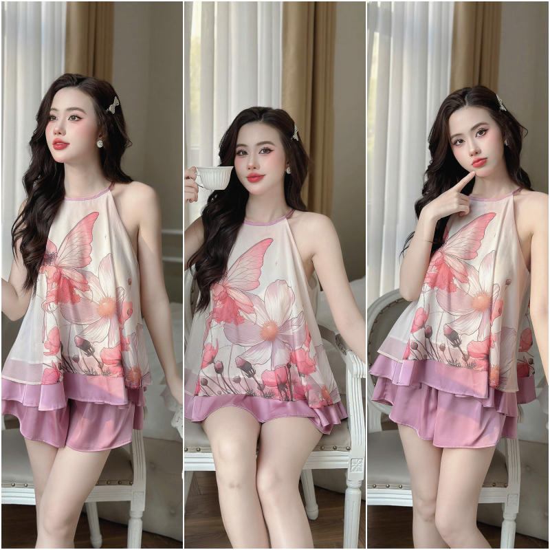 Đồ ngủ nữ sexy VEE đồ bộ mặc nhà quần đùi yếm ngủ 2dây phối họa