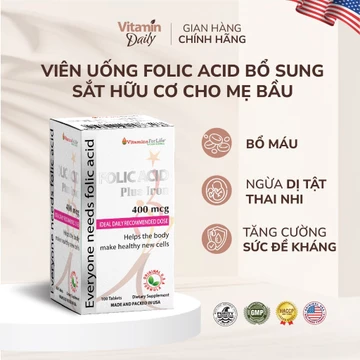 Viên Uống Acid Folic Bổ Sung Sắt Hữu Cơ Cho Bà Bầu Chính Hãng, Vitamin Bầu Chống Dị Tật Thai Nhi Của Mỹ Hộp 100 Viên