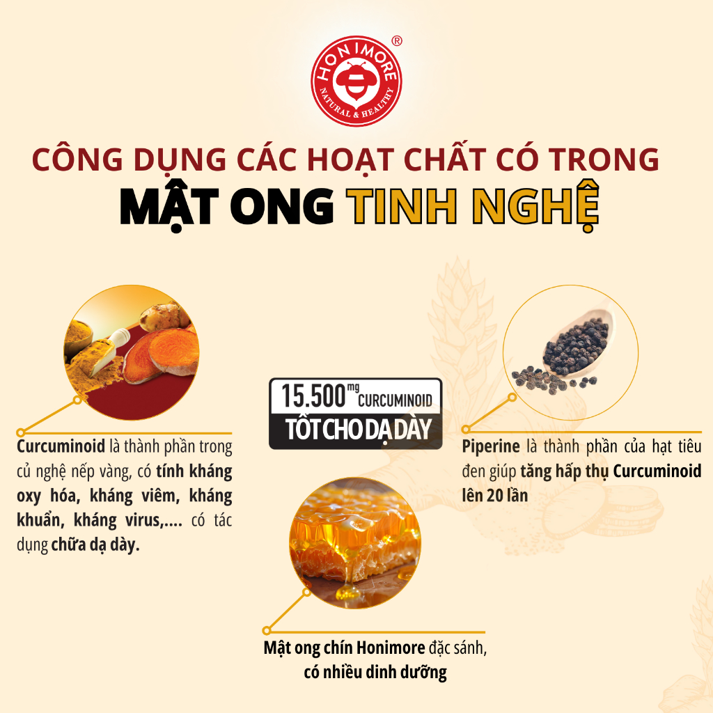 Ảnh Mật ong tinh nghệ Honimore 15500mg Curcuminoid loại đặc biệt 360g|dành cho người dạ dày 2