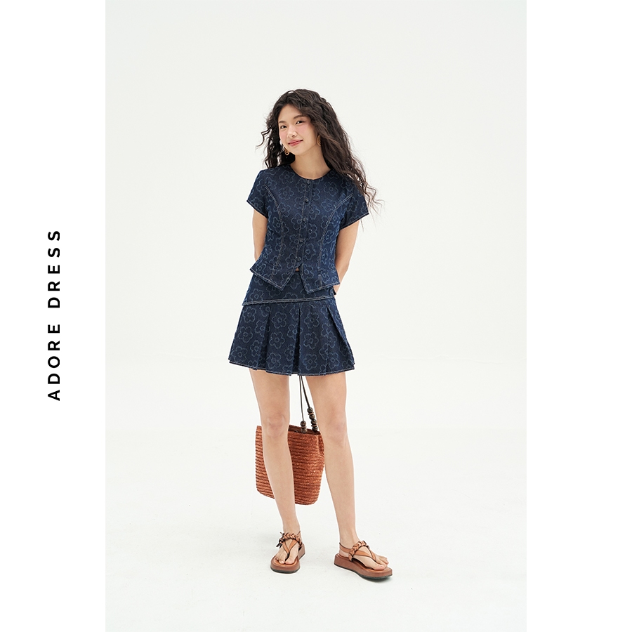 Ảnh 511SK1011- Chân váy mini xoè denim xanh chàm hoa nổi ADORE DRESS 4