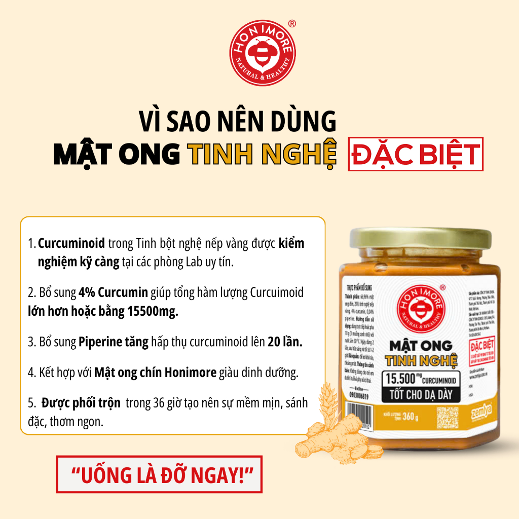 Ảnh Mật ong tinh nghệ Honimore 15500mg Curcuminoid loại đặc biệt 360g|dành cho người dạ dày 4