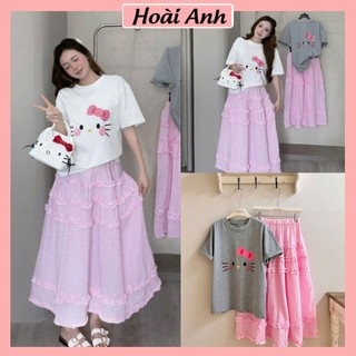 Set Bộ Đồ Nữ Áo Phông In Mặt MÈo Nơ Hồng Mix Chân Váy Kẻ Caro Hồng Dáng Dài Phối Bèo Xếp Freesize