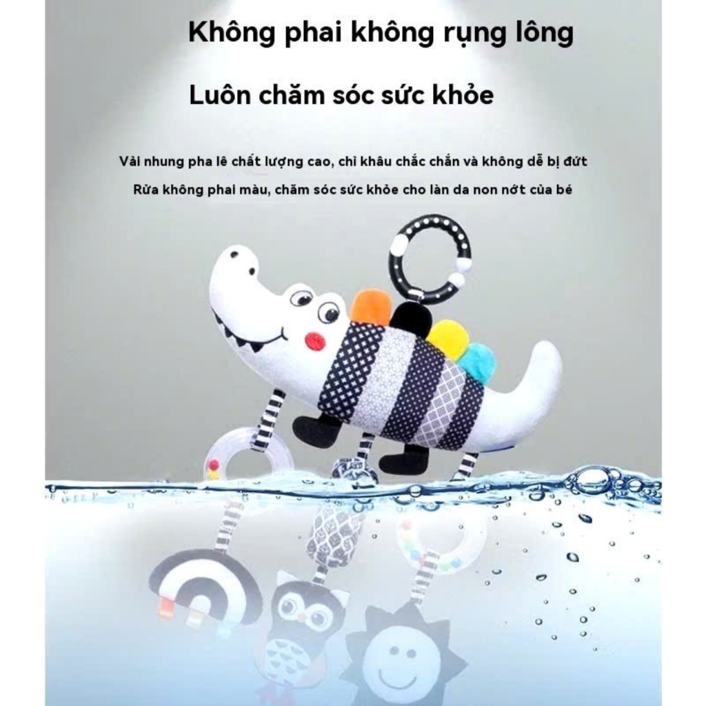 Ảnh Đồ Chơi Treo Nôi Cho Bé, Đồ Chơi Lắc Nhạc Vải Nhồi Hình Thú Đen Trắng (Cá Sấu, Sâu) 2