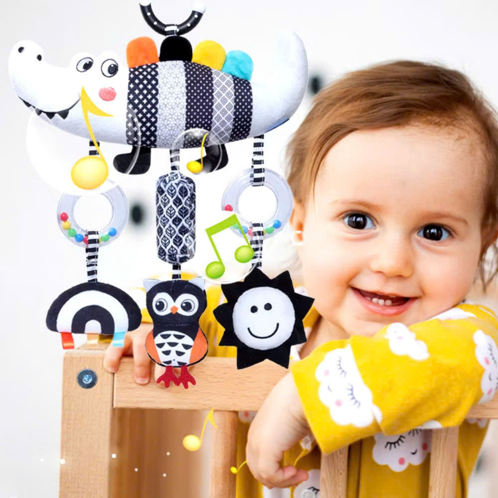 Ảnh Đồ Chơi Treo Nôi Cho Bé, Đồ Chơi Lắc Nhạc Vải Nhồi Hình Thú Đen Trắng (Cá Sấu, Sâu) 4