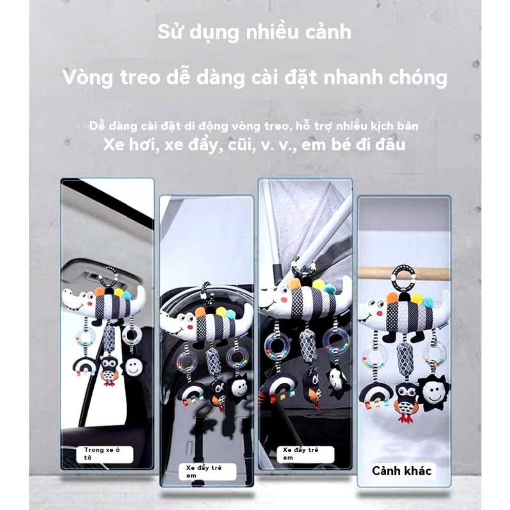 Ảnh Đồ Chơi Treo Nôi Cho Bé, Đồ Chơi Lắc Nhạc Vải Nhồi Hình Thú Đen Trắng (Cá Sấu, Sâu) 1