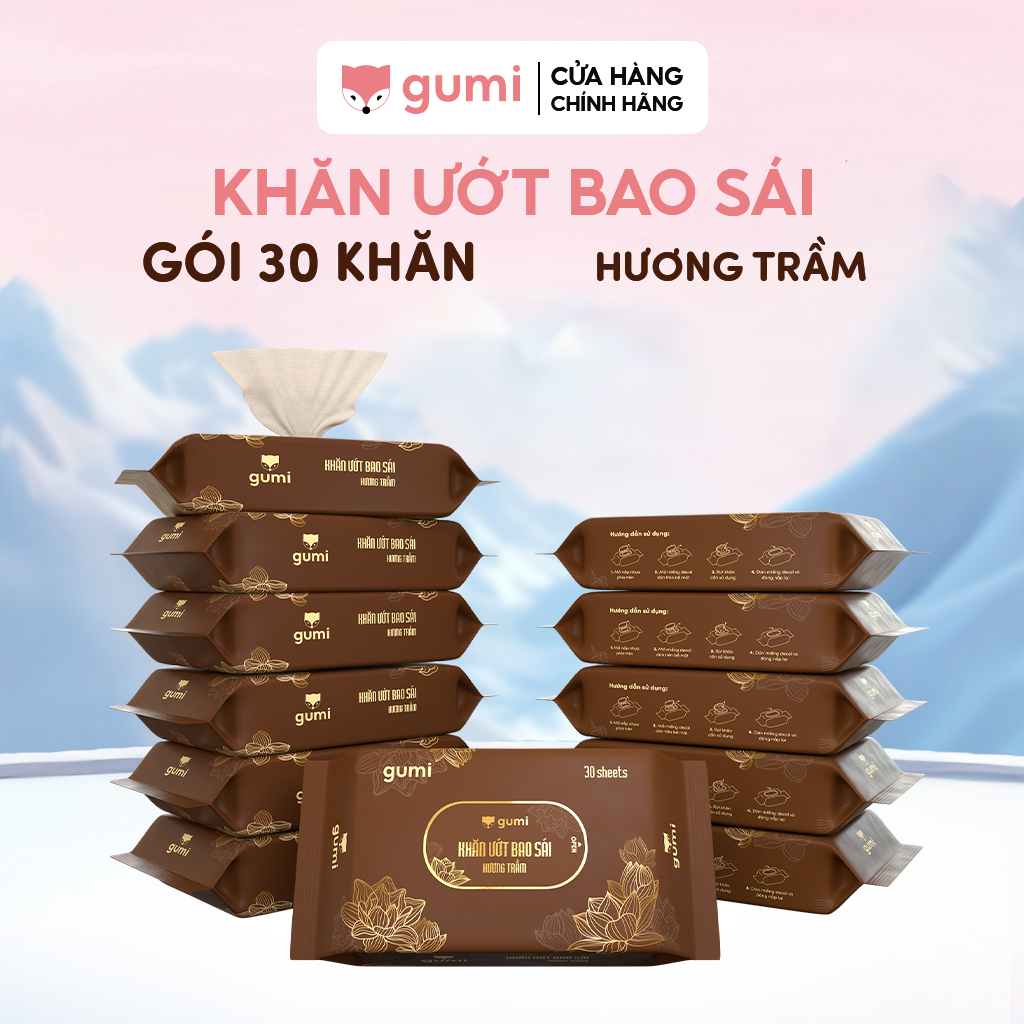 Hộp 20 gói khăn ướt bao sái hương trầm Gumi mềm nhẹ nhàng làm sạch các vật phẩm thờ cúng