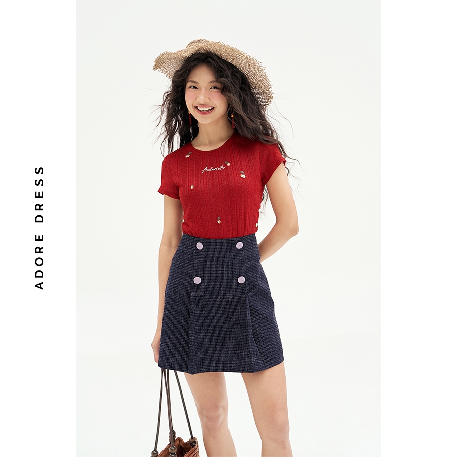 Ảnh 511TO1034 - Áo top len ren đỏ cam thêu random khuy sườn ADORE DRESS 2