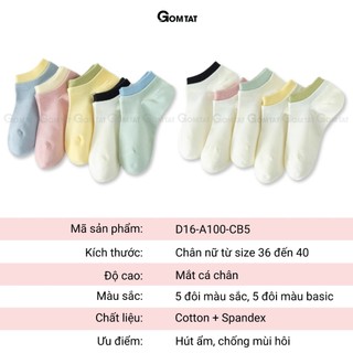 Combo 5 đôi tất chân nữ cổ ngắn chất liệu cotton cao cấp, vớ màu cho nữ mềm mại, êm chân hút ẩm thoáng khí -D16-A100-CB5