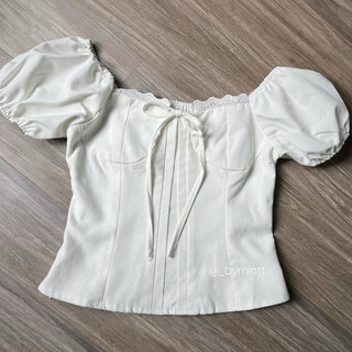MARI TOP | Áo linen trễ vai phối ren, tay bồng, lưng chun | ByMintt