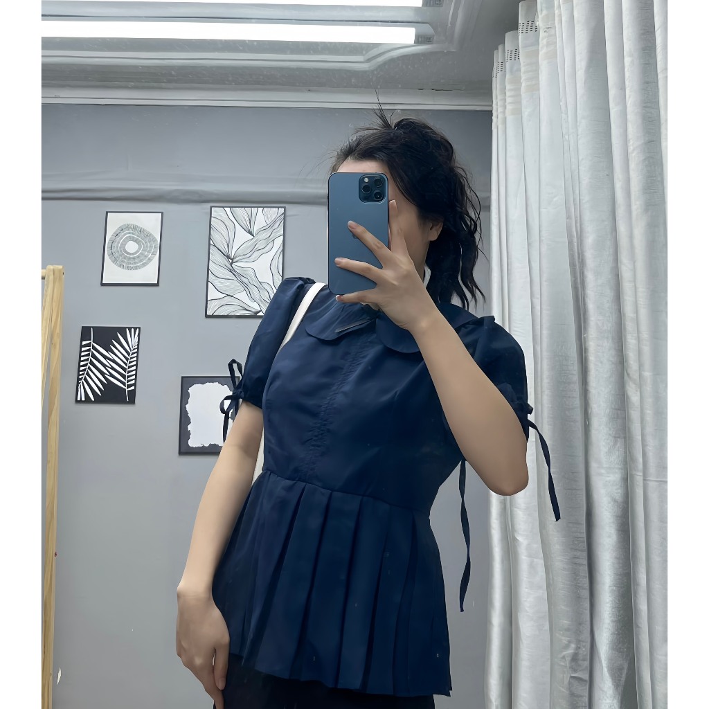 Áo sơ mi cổ sen dáng baby doll chiết eo xếp ly đính nơ TAM  A13