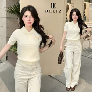 DELIZ - Áo len mùa hè tay ngắn cổ sen tiểu thư đính nơ len lông thỏ dệt thoáng khí PL28