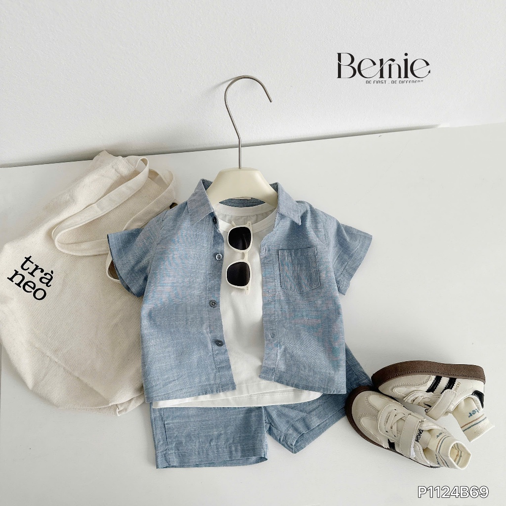 Bộ sơ mi denim cho bé trai, set bộ cộc tay bò giấy cá tính cho bé P1124B69