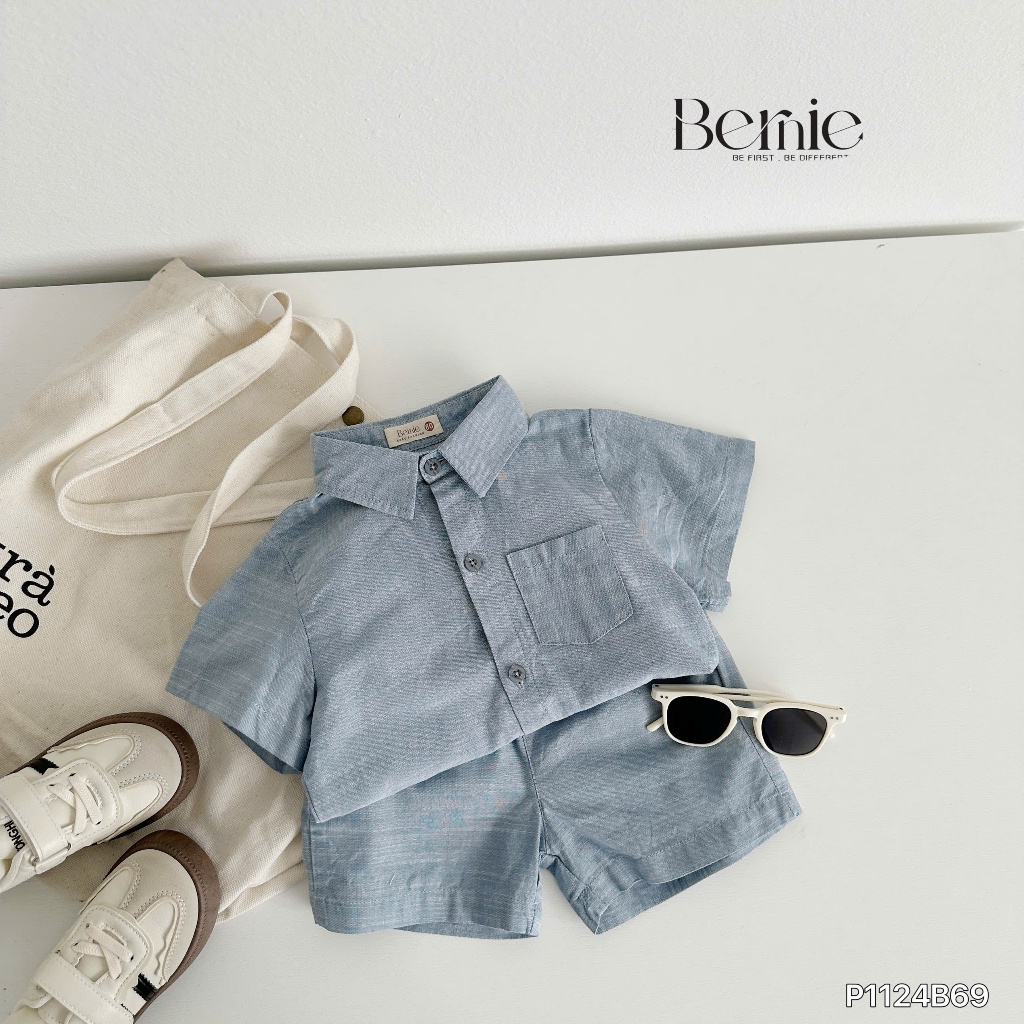 Bộ sơ mi denim cho bé trai, set bộ cộc tay bò giấy cá tính cho bé P1124B69
