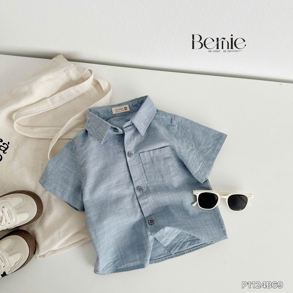 Bộ sơ mi denim cho bé trai, set bộ cộc tay bò giấy cá tính cho bé P1124B69