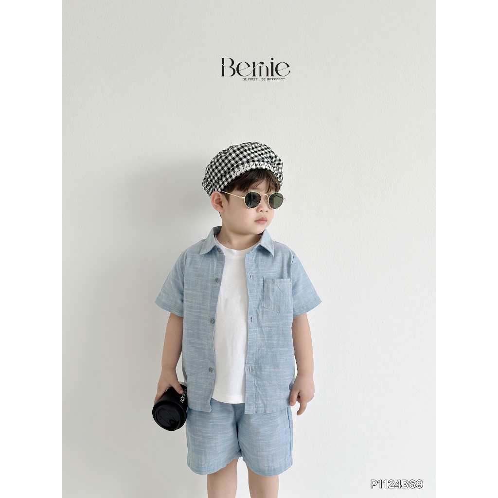 Bộ sơ mi denim cho bé trai, set bộ cộc tay bò giấy cá tính cho bé P1124B69