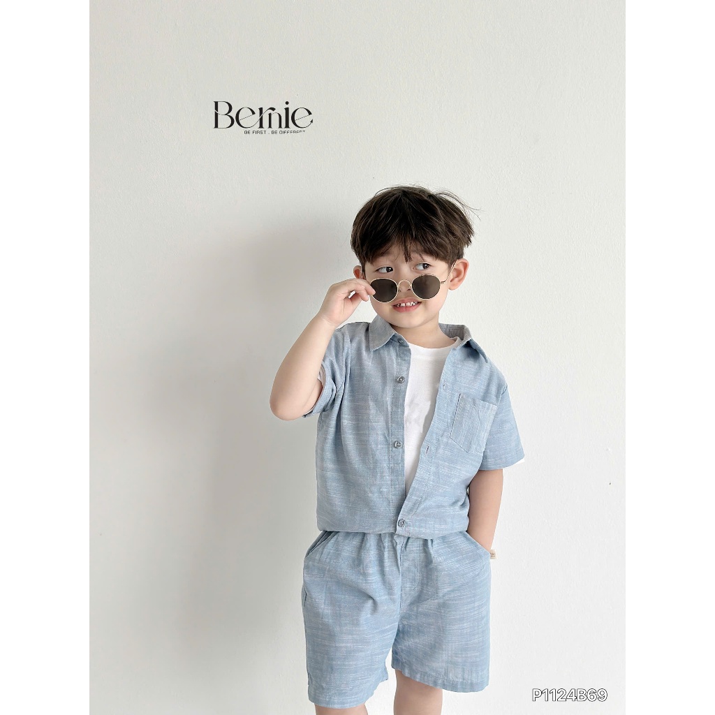 Bộ sơ mi denim cho bé trai, set bộ cộc tay bò giấy cá tính cho bé P1124B69