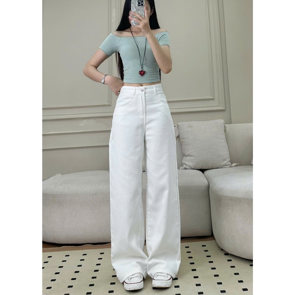 Quần bò jeans trắng nữ Joolate ống suông rộng trơn basic chất jean dày dặn mềm mịn không lộ lên dáng chuẩn