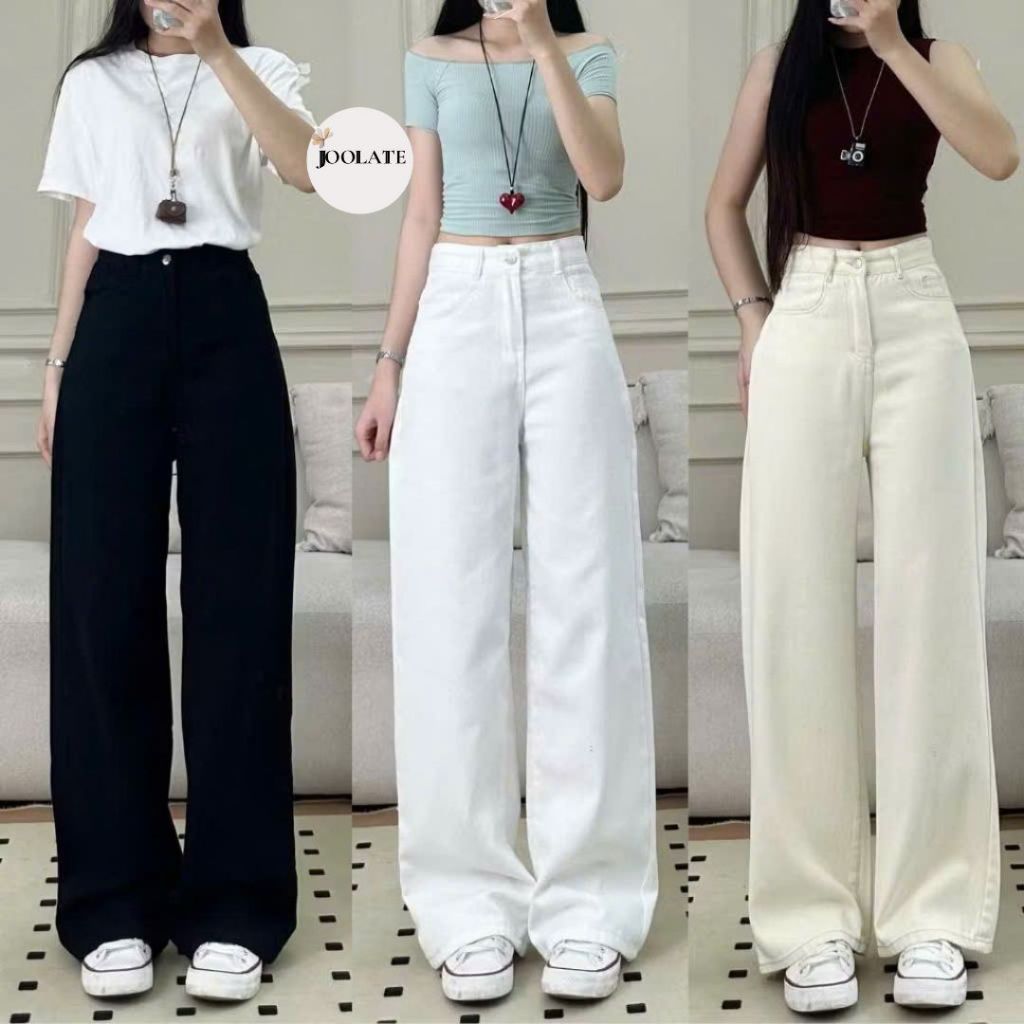Quần bò jeans trắng nữ Joolate ống suông rộng trơn basic chất jean dày dặn mềm mịn không lộ lên dáng chuẩn