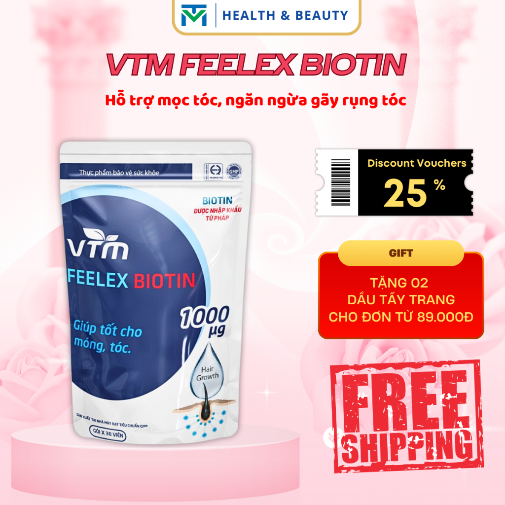 Ảnh Viên uống VTM Feelex Biotin ngăn rụng tóc, hỗ trợ mọc tóc Biotin gói 30 viên (30 Ngày) 1