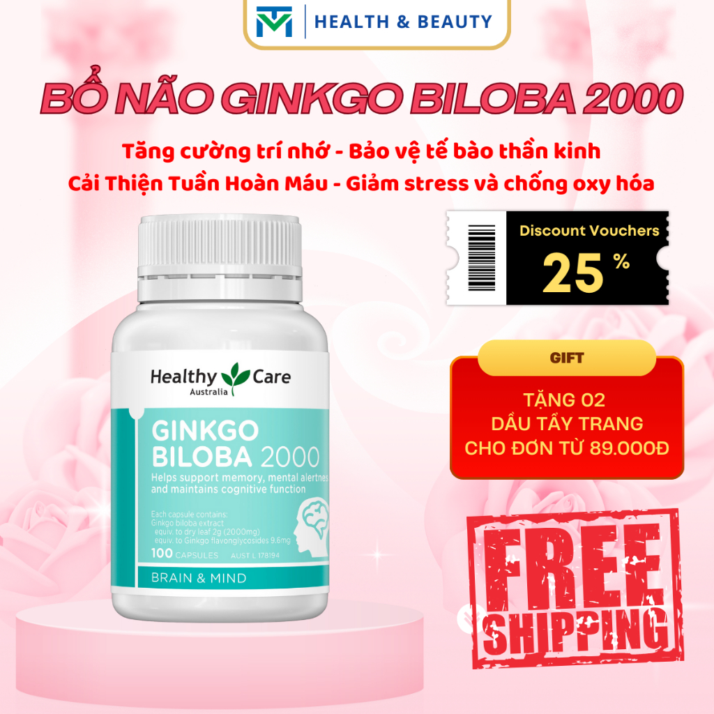 Ảnh Viên uống bổ não Healthy Care Ginkgo Biloba tăng cường trí nhớ, giảm đau đầu, lưu thông máu não 1