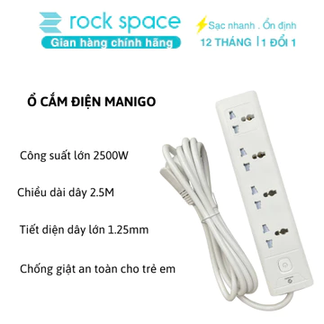 Ổ cắm điện kéo dài chữ nhật Manigo UNS 1K4 4 ổ cắm độ dài dây cắm 2,5 mét Bảo hành 18 tháng