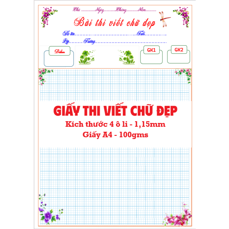 50 Tờ giấy luyện chữ đẹp mẫu CHUỒN CHUỒN 4 ô li  - A4 100gms 2 mặt