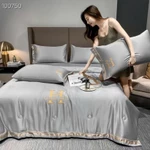 Bộ chăn ga phi lụa Alva cao cấp siêu mềm mịn (4 món có mền), họa tiết thêu chữ H tinh tế, đơn sắc sang trọng, thoáng mát — ảnh 2