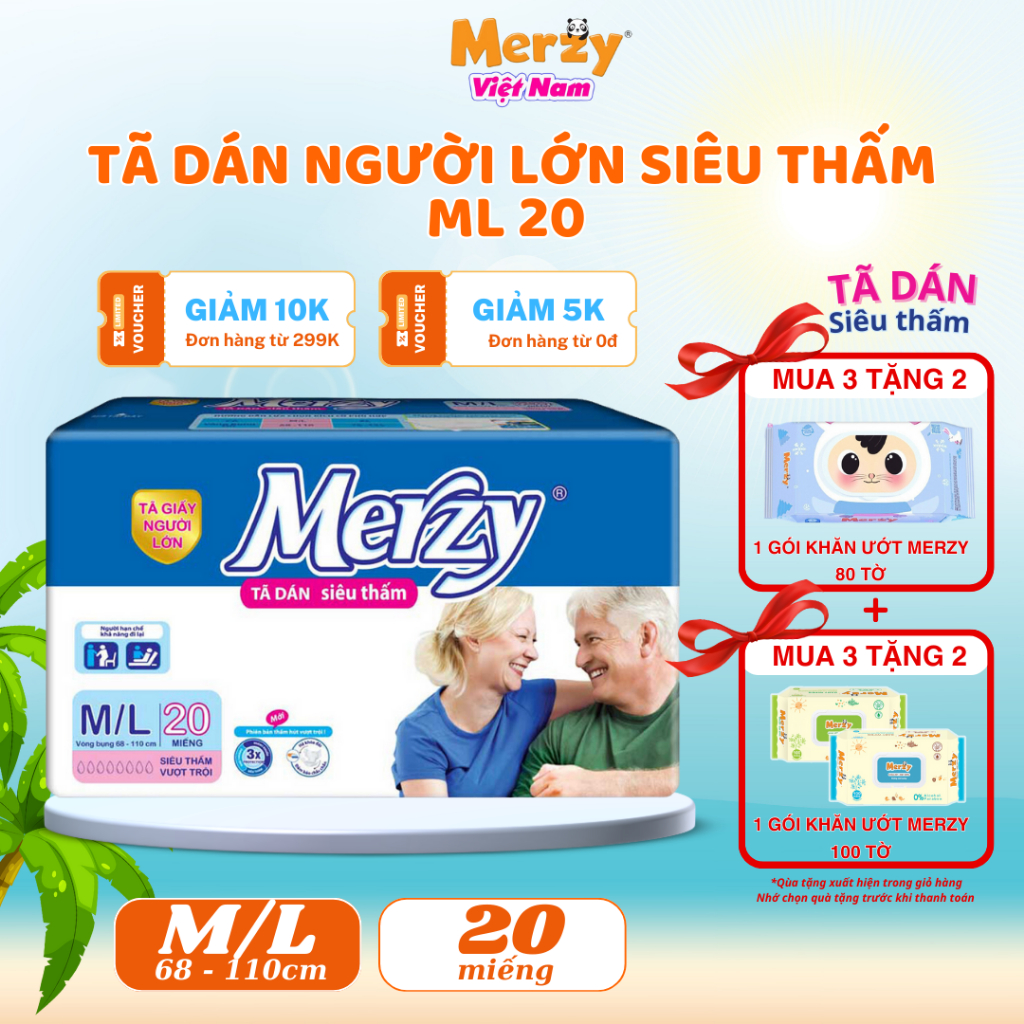 [ mua 3 tặng 2 khăn ướt Merzy ]Tã Dán Người Gìa MerzySize M/L 20 Miếng ...