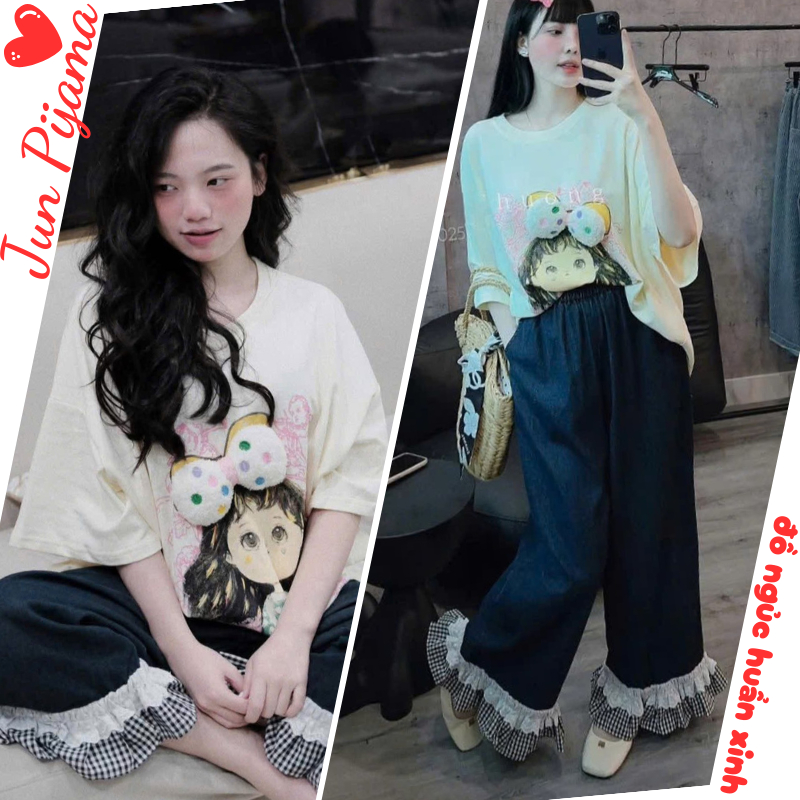 Bộ ngủ cotton nữ cao cấp áo thun in hình cô gái mix quần dài viền bèo caro, bộ pijama nữ mặc nhà dễ thương HCOM25801