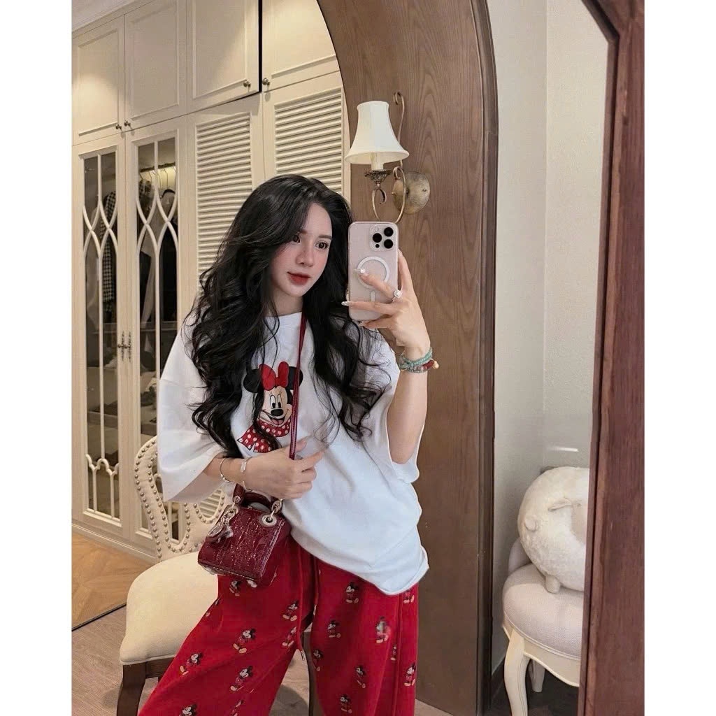 Bộ cotton nữ quần ống rộng áo thun in minnie dễ thương, set quần áo nữ mùa hè áo phông in hình ngộ nghĩnh HCOM25561