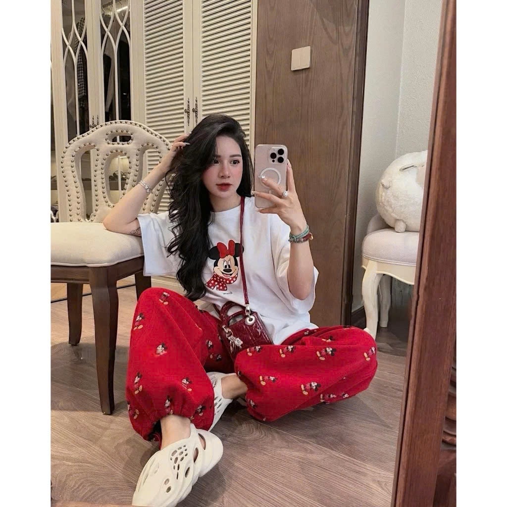 Bộ cotton nữ quần ống rộng áo thun in minnie dễ thương, set quần áo nữ mùa hè áo phông in hình ngộ nghĩnh HCOM25561