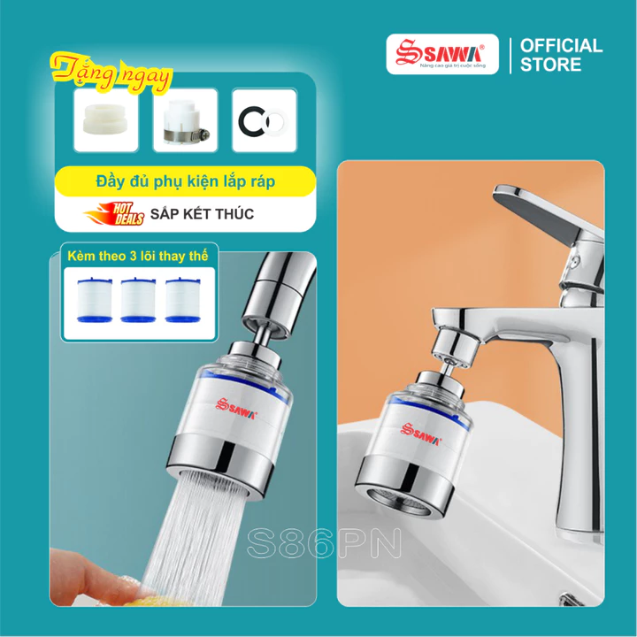 Combo S86N: Đầu lọc nước tại vòi S86P Sawa và 03 lõi lọc bông PP kết hợp hạt Ceramic - Bộ lọc nước đã bao gồm phụ kiện