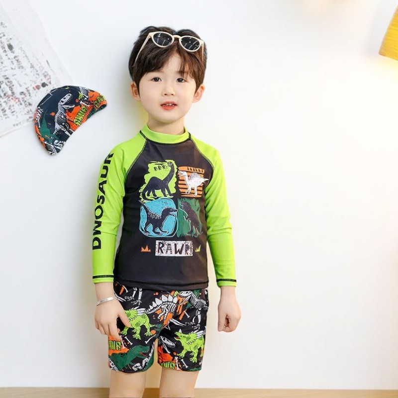 Bộ bơi bé trai tay dài, đồ bơi bé trai ngắn tay size đại khủng long kèm mũ Chất Liệu Co Giãn 15kg - 54kg